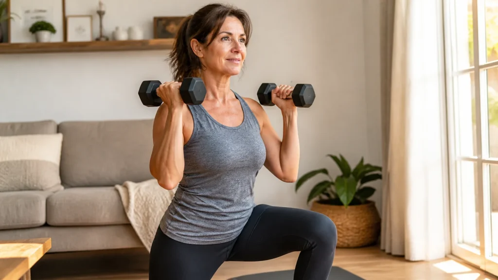 Mujer de 50 años realizando ejercicios de fuerza en casa como parte de una rutina saludable durante la menopausia.
